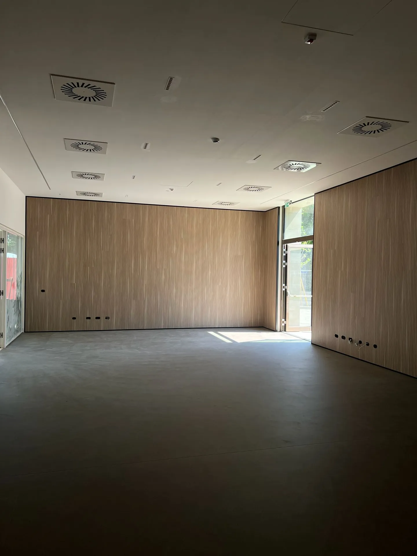 Ampia sala finita con pareti rivestite in legno